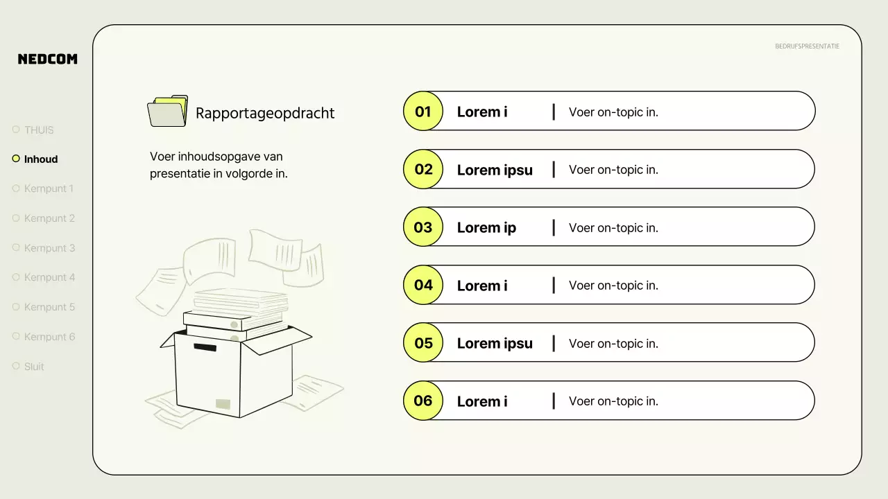 Een eenvoudig zakelijk rapport in kaki en neon