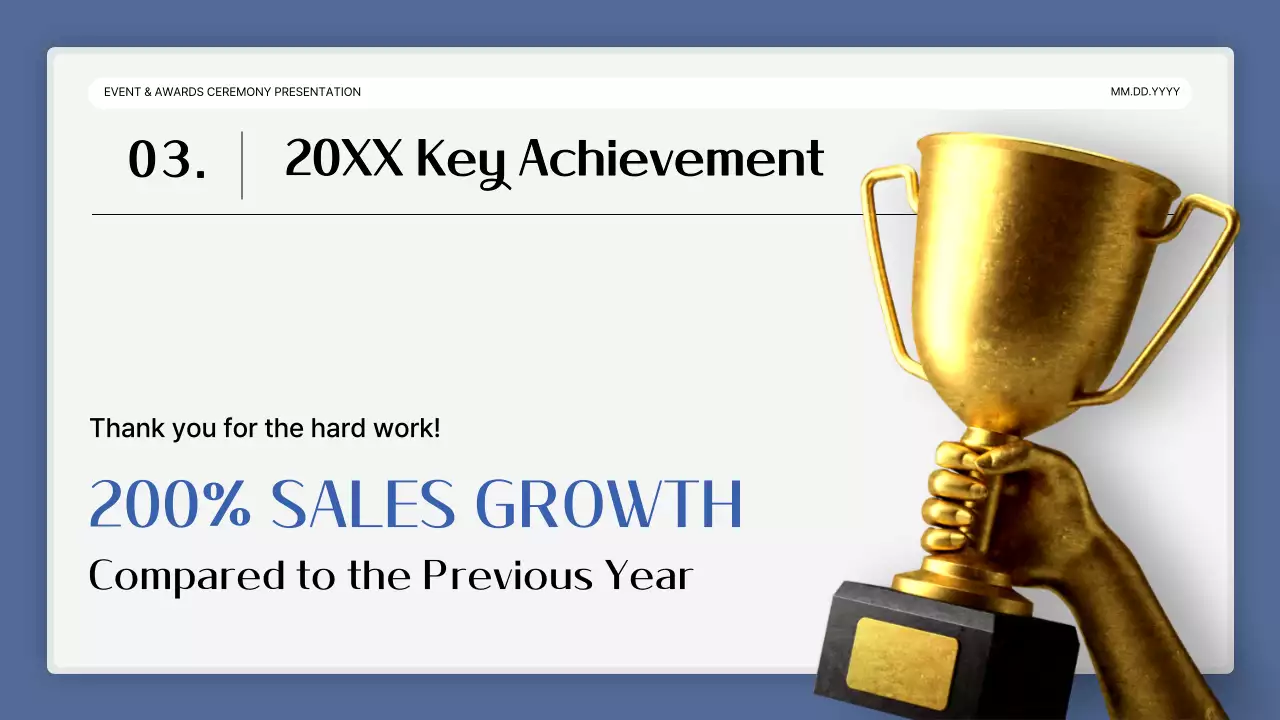 A simple blue-and-white performance presentation and end-of-year event report