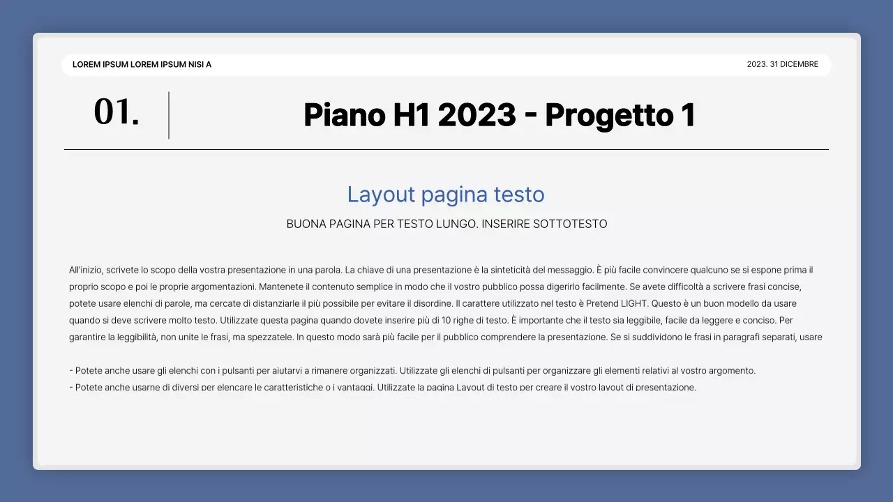 Una semplice presentazione della performance in bianco e blu e una relazione sull'evento di fine anno.