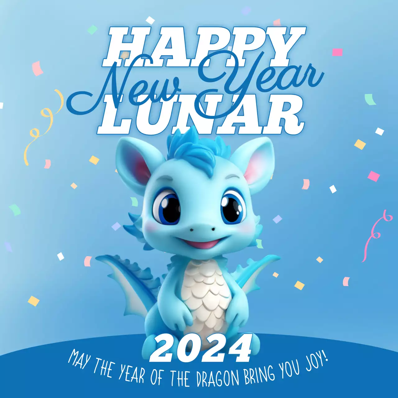 Blue Cute Dragon Celebration Card Social Media Post