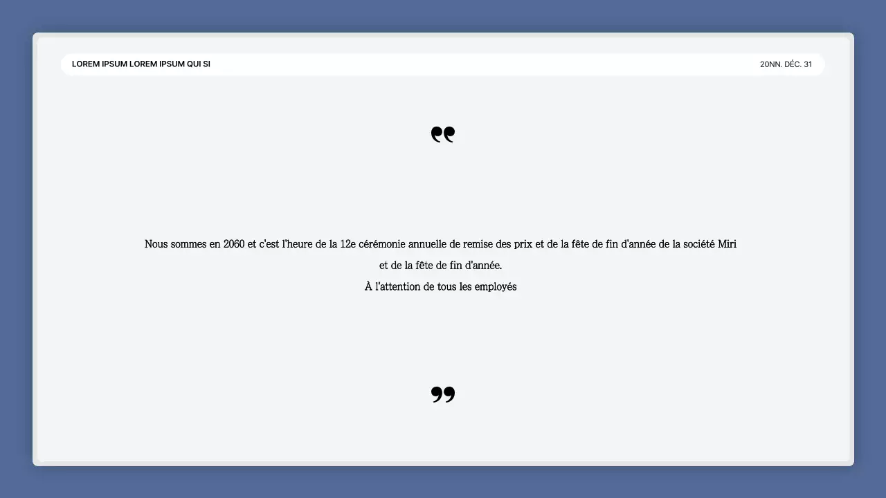 Une simple présentation de performance en bleu et blanc et un rapport sur l'événement de fin d'année