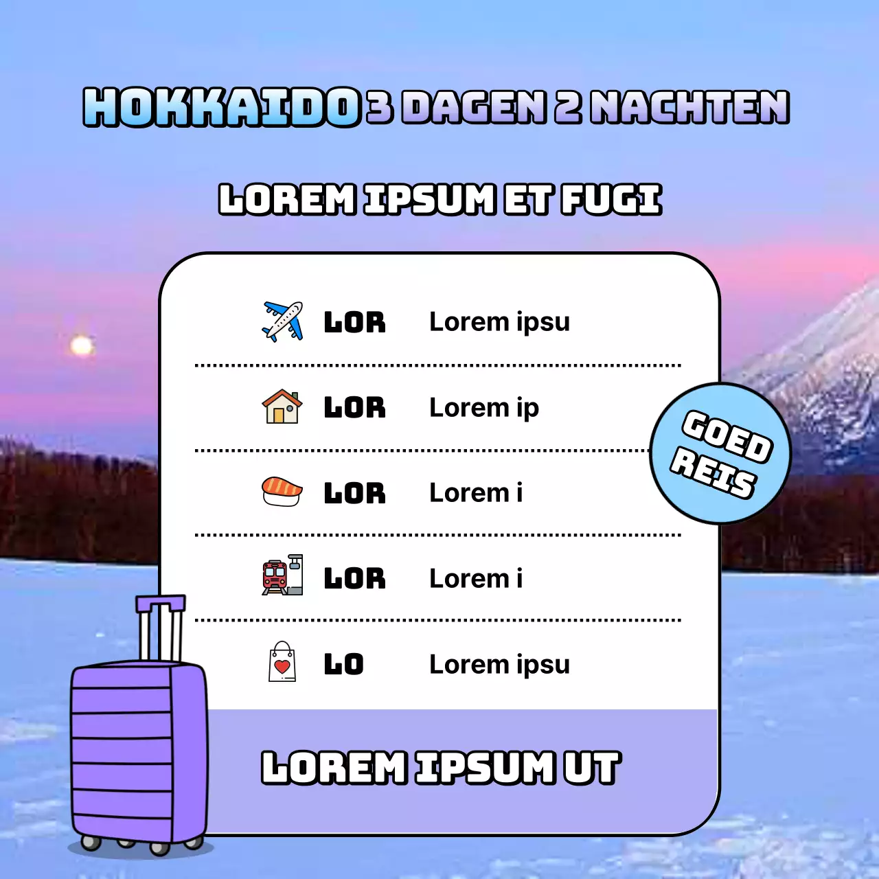 Kitscherige reispromotie voor Hokkaido in lichtblauw en mauve