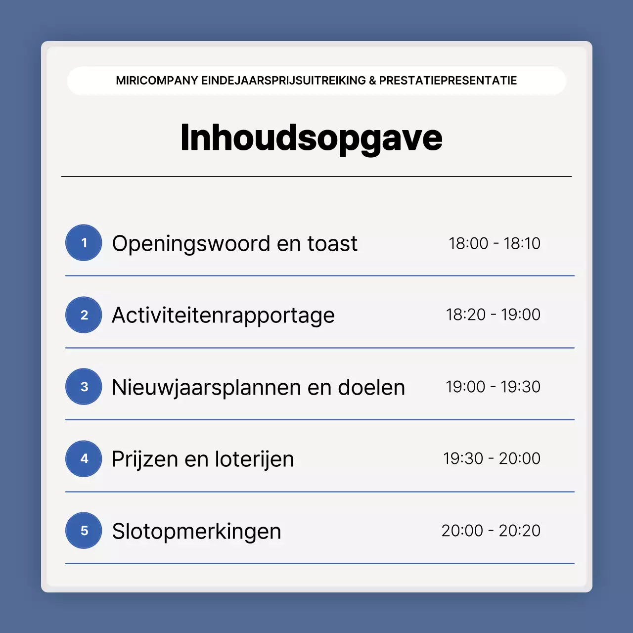 Een eenvoudige blauw-witte prestatiepresentatie en eindejaarsverslag