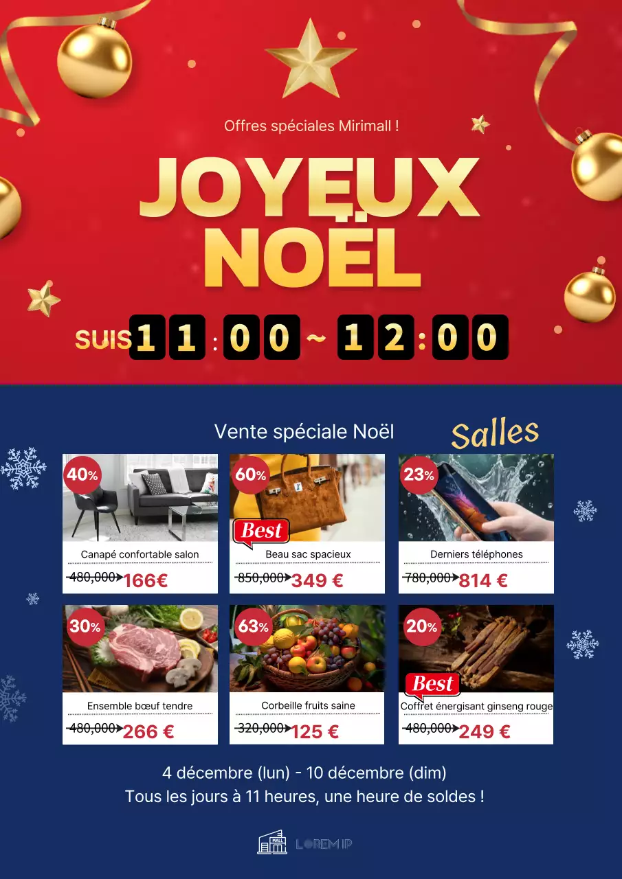 Promouvoir une vente événementielle de Noël en rouge et bleu