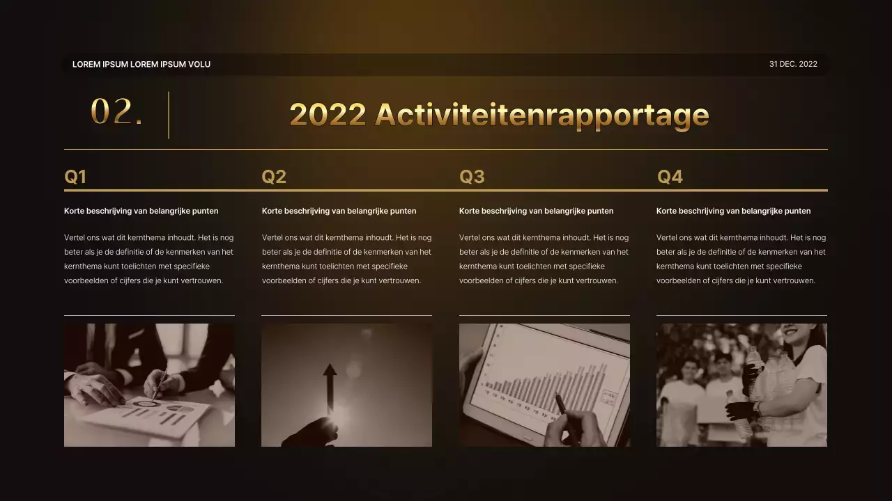 Een luxe gouden en bruine prestatiepresentatie en verslag van het eindejaarsevenement