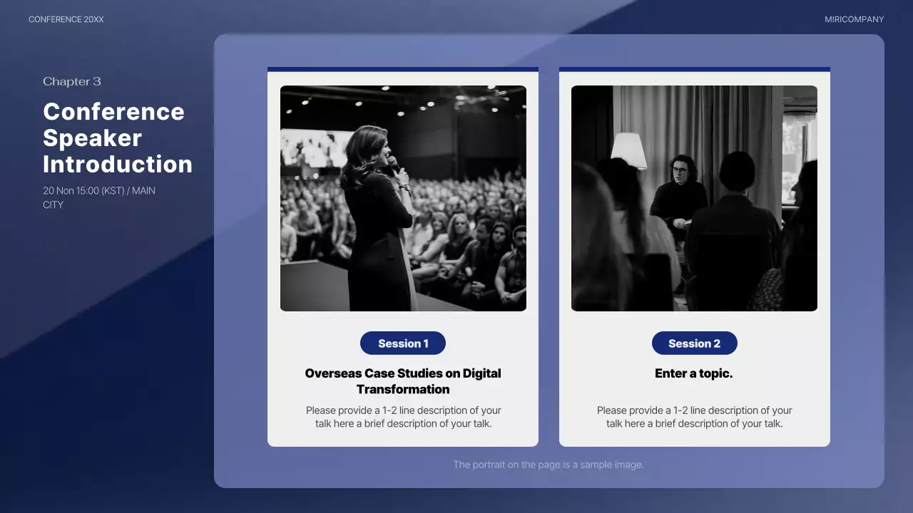 A modern conference presentation in navy blue