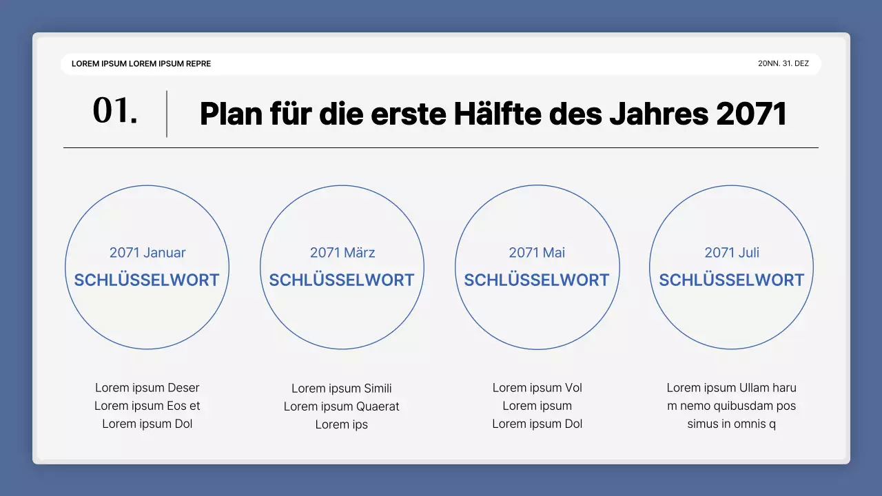 Eine einfache blau-weiße Leistungspräsentation und ein Veranstaltungsbericht zum Jahresende