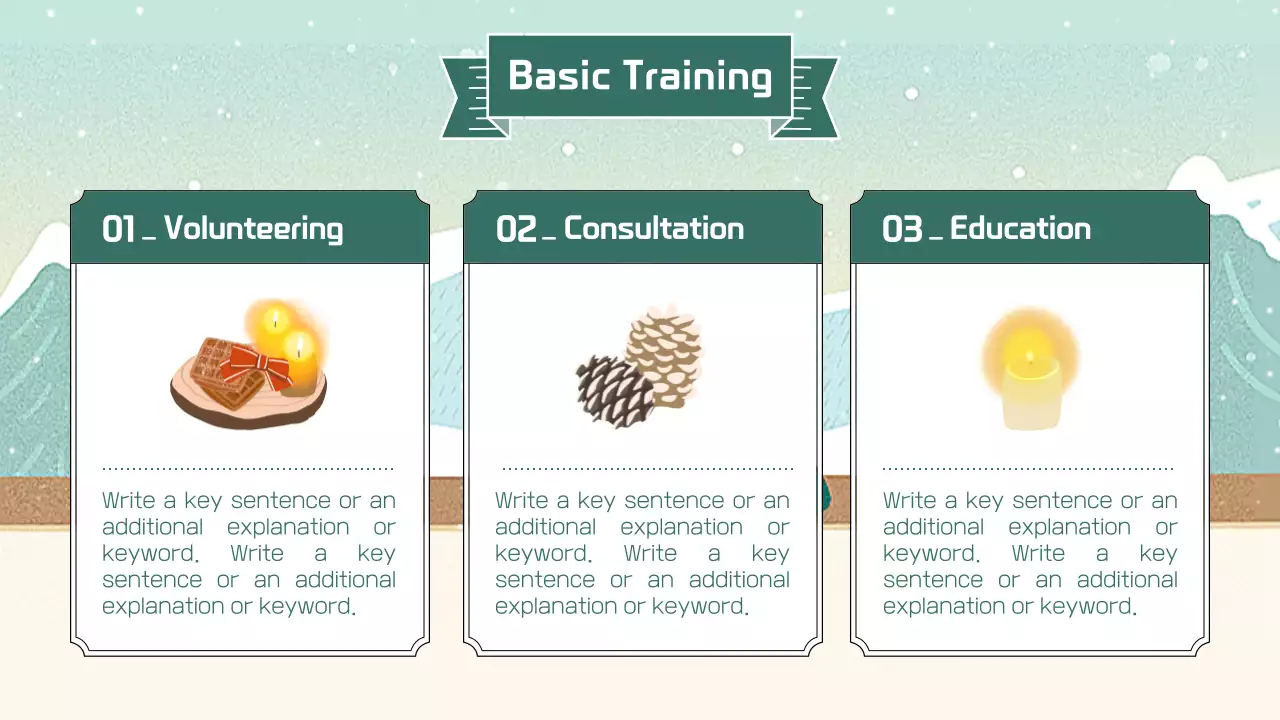 민트색의 아기자기한 겨울 시즌 봉사자 교육 안내 소개서