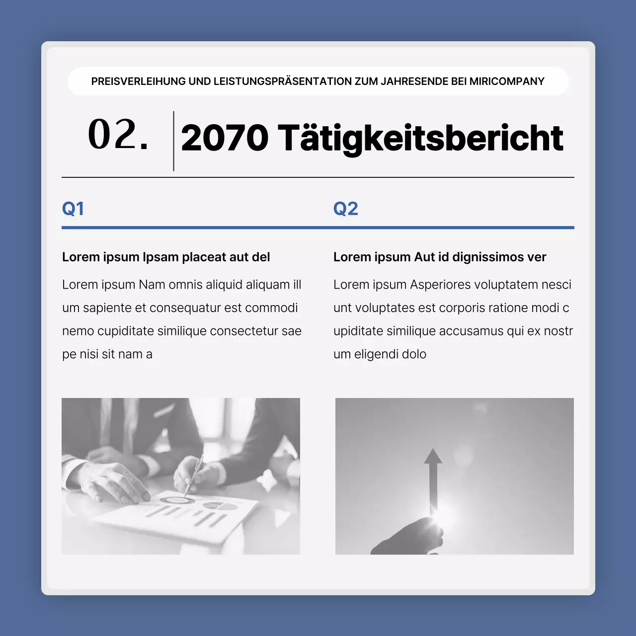 Eine einfache blau-weiße Leistungspräsentation und ein Veranstaltungsbericht zum Jahresende