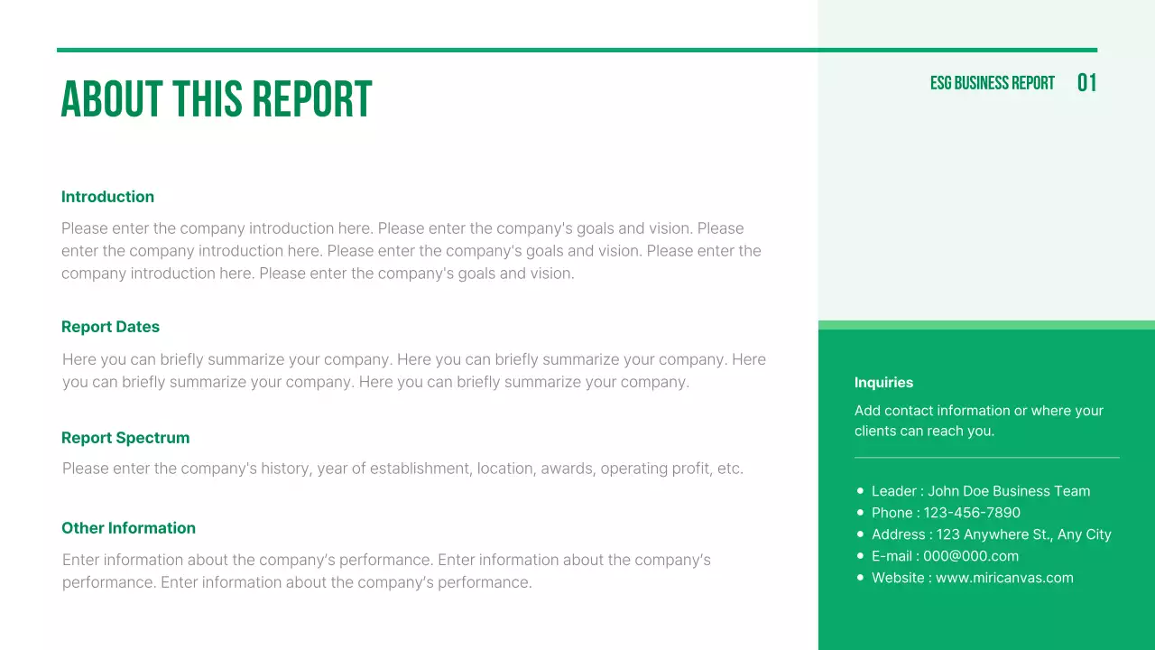 그린 미니멀리스트 비즈니스 보고서 프레젠테이션