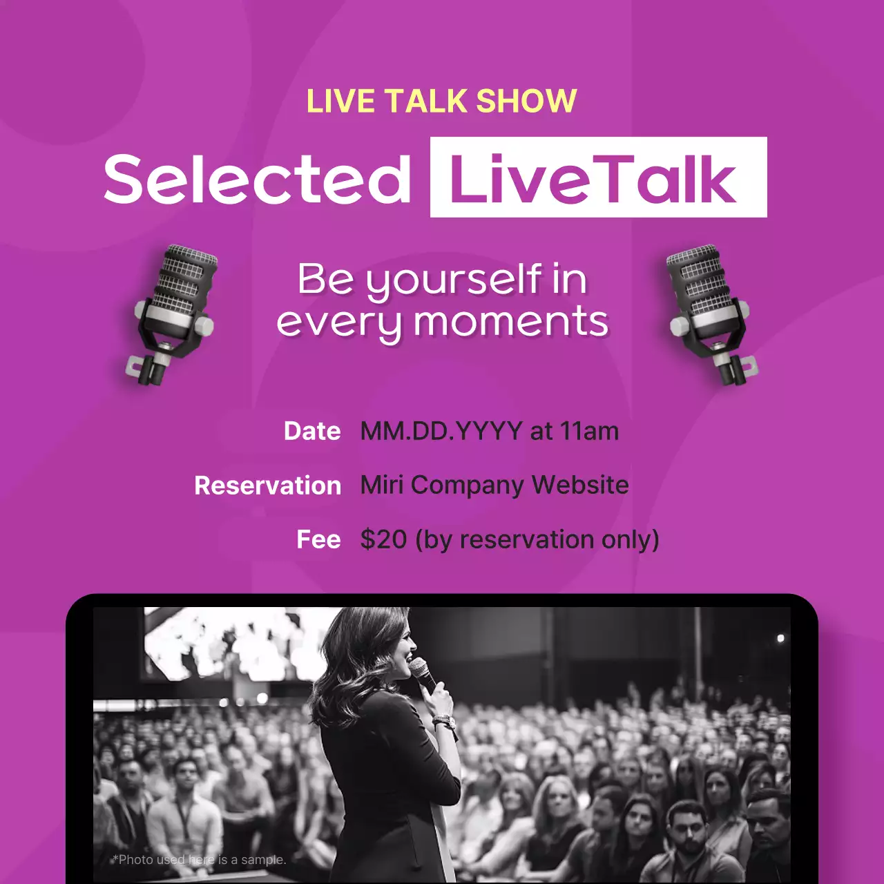 Promote a simple corporate personality interview in purple and pink