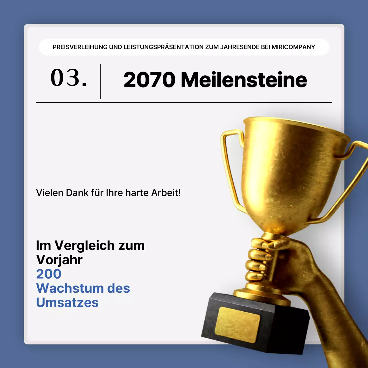 Eine einfache blau-weiße Leistungspräsentation und ein Veranstaltungsbericht zum Jahresende