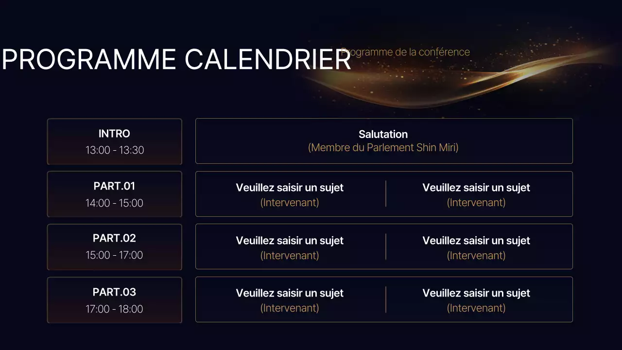 Une présentation de conférence luxueuse en bleu marine et or