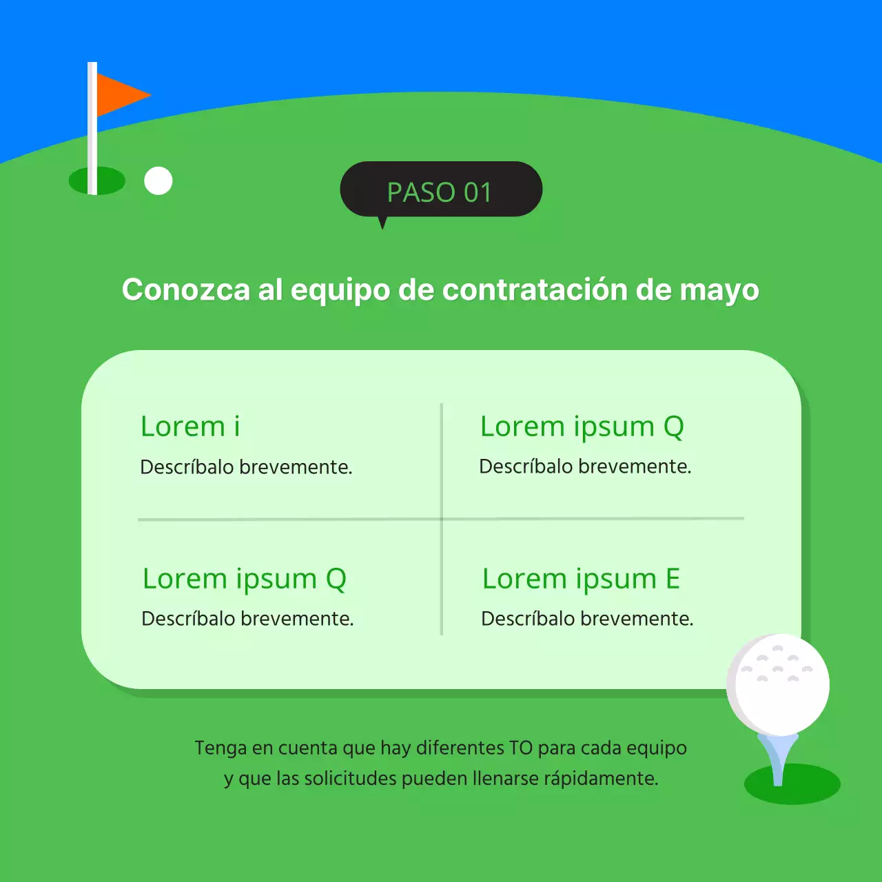 Anuncio minimalista de palos de golf en verde y azul