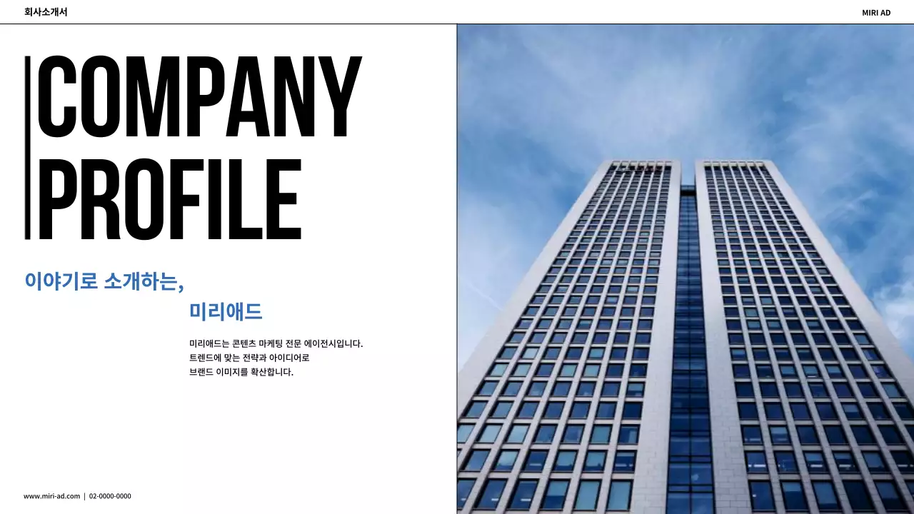 하늘색과 남색의 모던한 기업 소개서