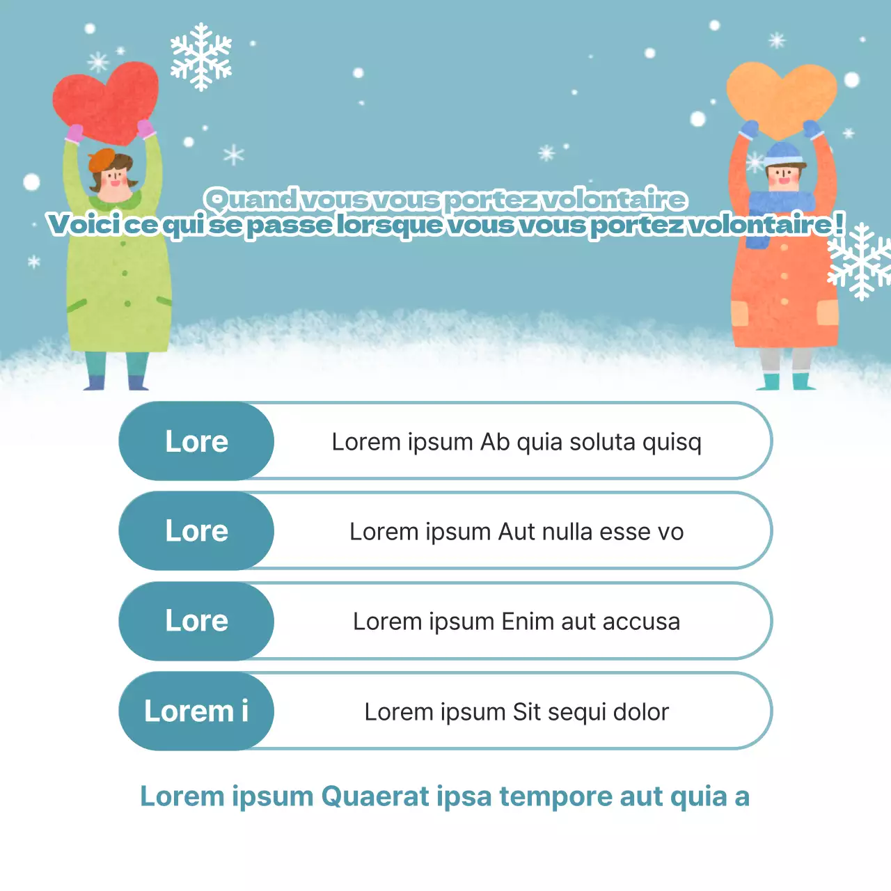 Faites la promotion de votre recrutement de volontaires pour l'hiver avec du jaune et du bleu clair.