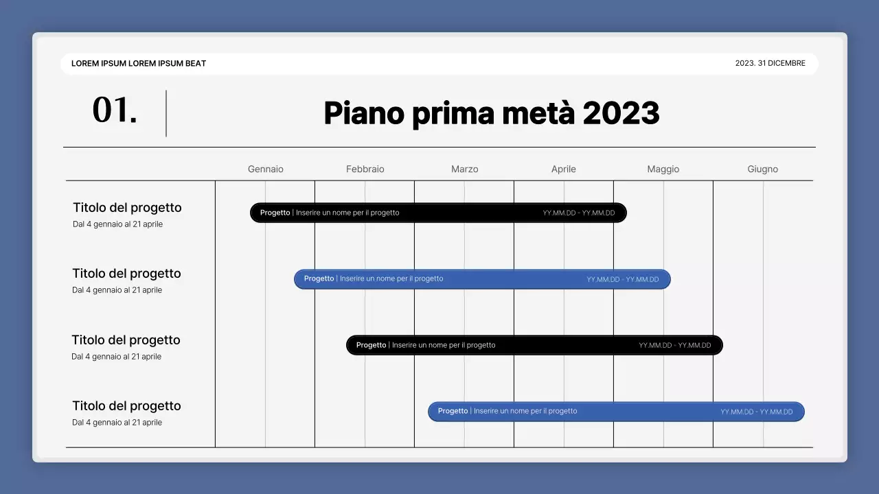 Una semplice presentazione della performance in bianco e blu e una relazione sull'evento di fine anno.