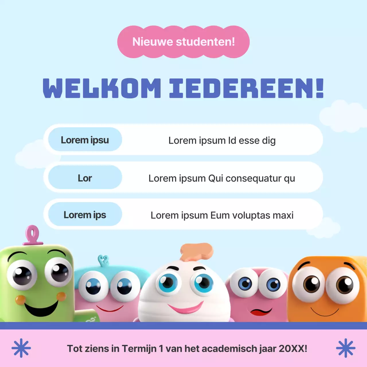 Een eenvoudig roze en lichtblauw kleurenschema om de afdeling te introduceren