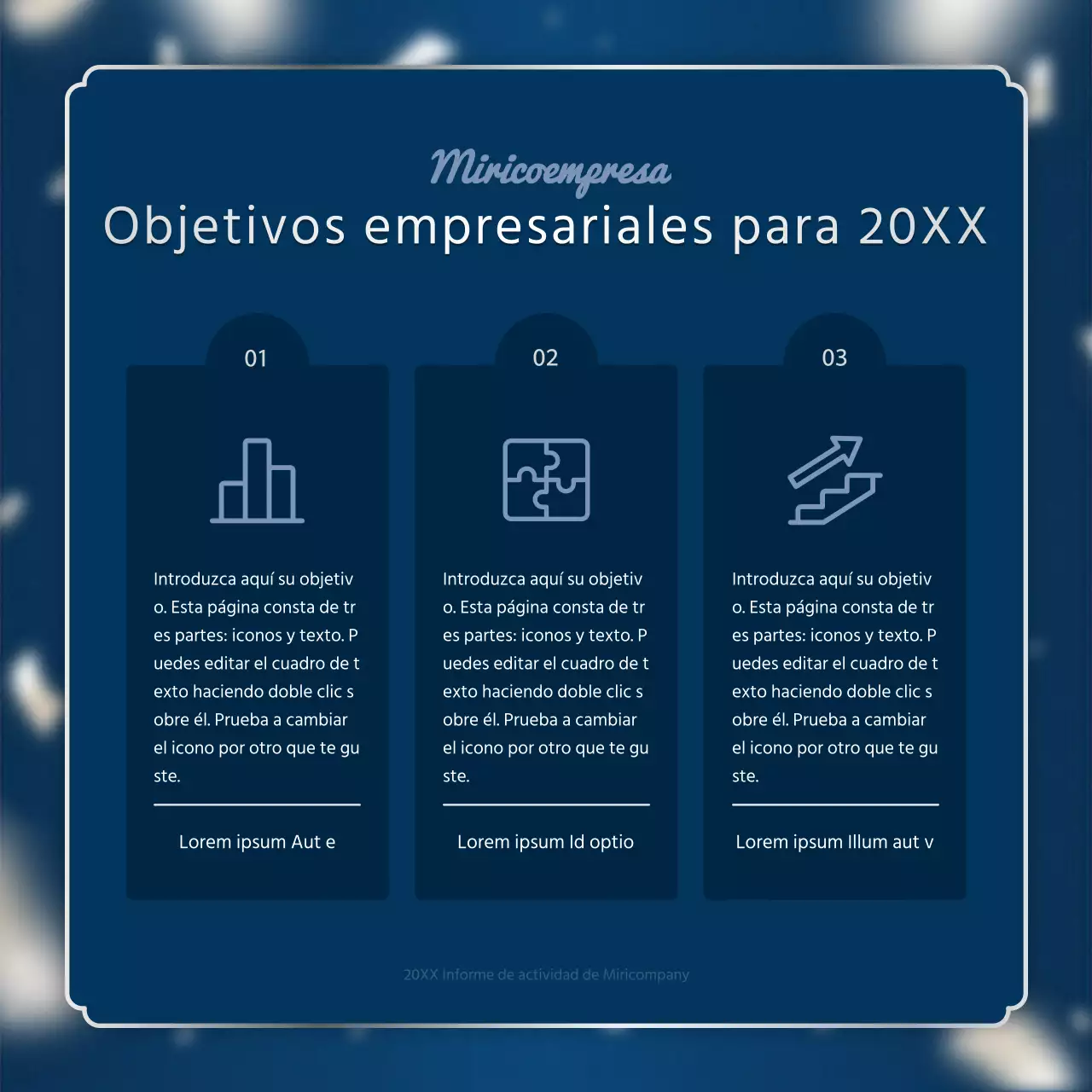 Un lujoso puesto para el informe de resultados de fin de año en azul marino y plata