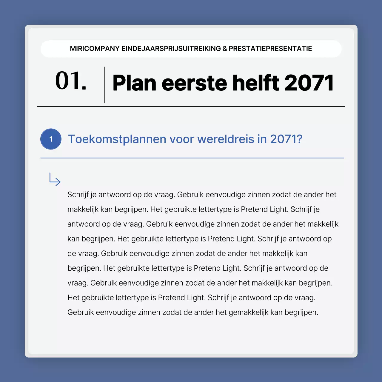 Een eenvoudige blauw-witte prestatiepresentatie en eindejaarsverslag