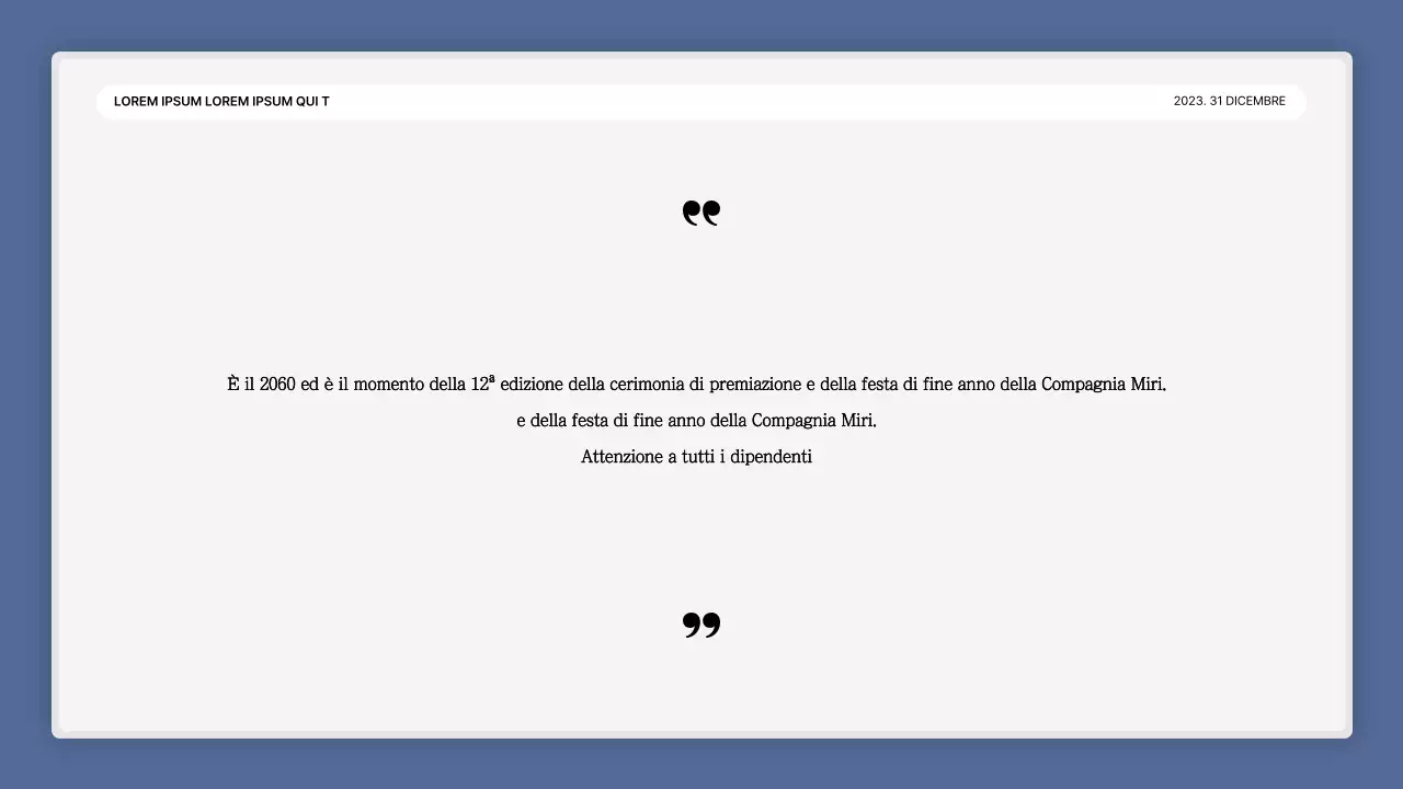 Una semplice presentazione della performance in bianco e blu e una relazione sull'evento di fine anno.