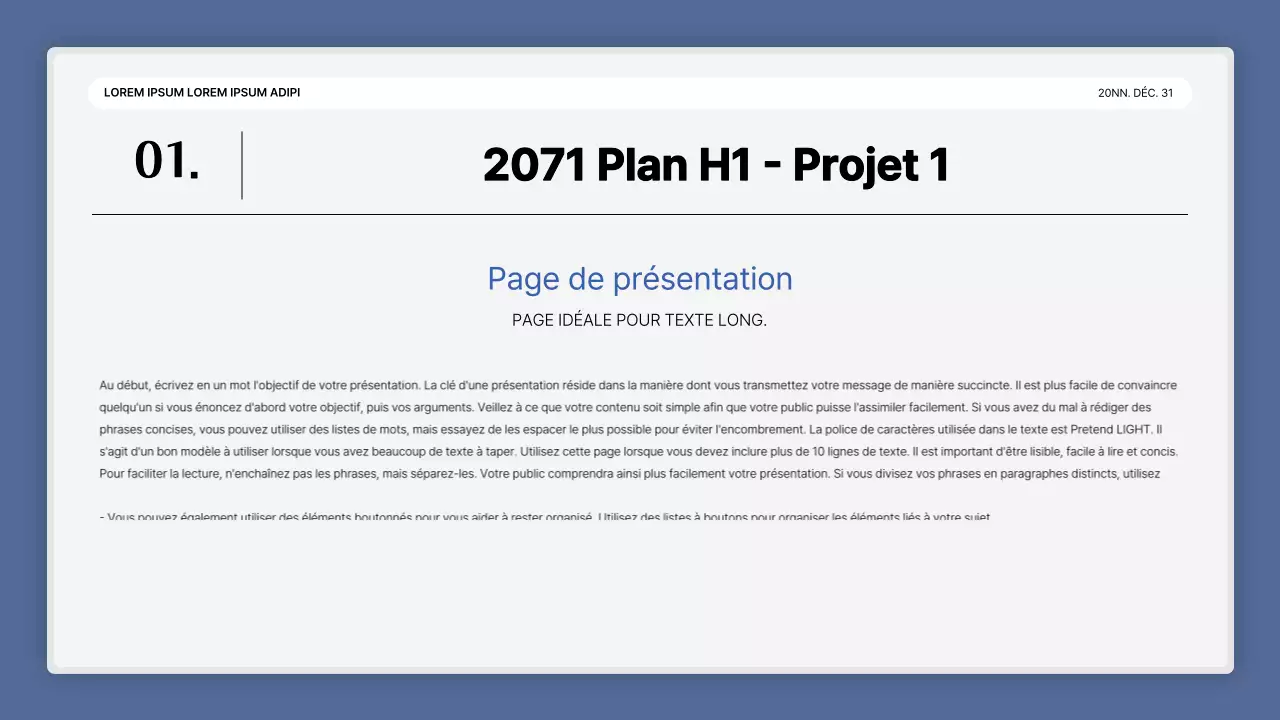 Une simple présentation de performance en bleu et blanc et un rapport sur l'événement de fin d'année