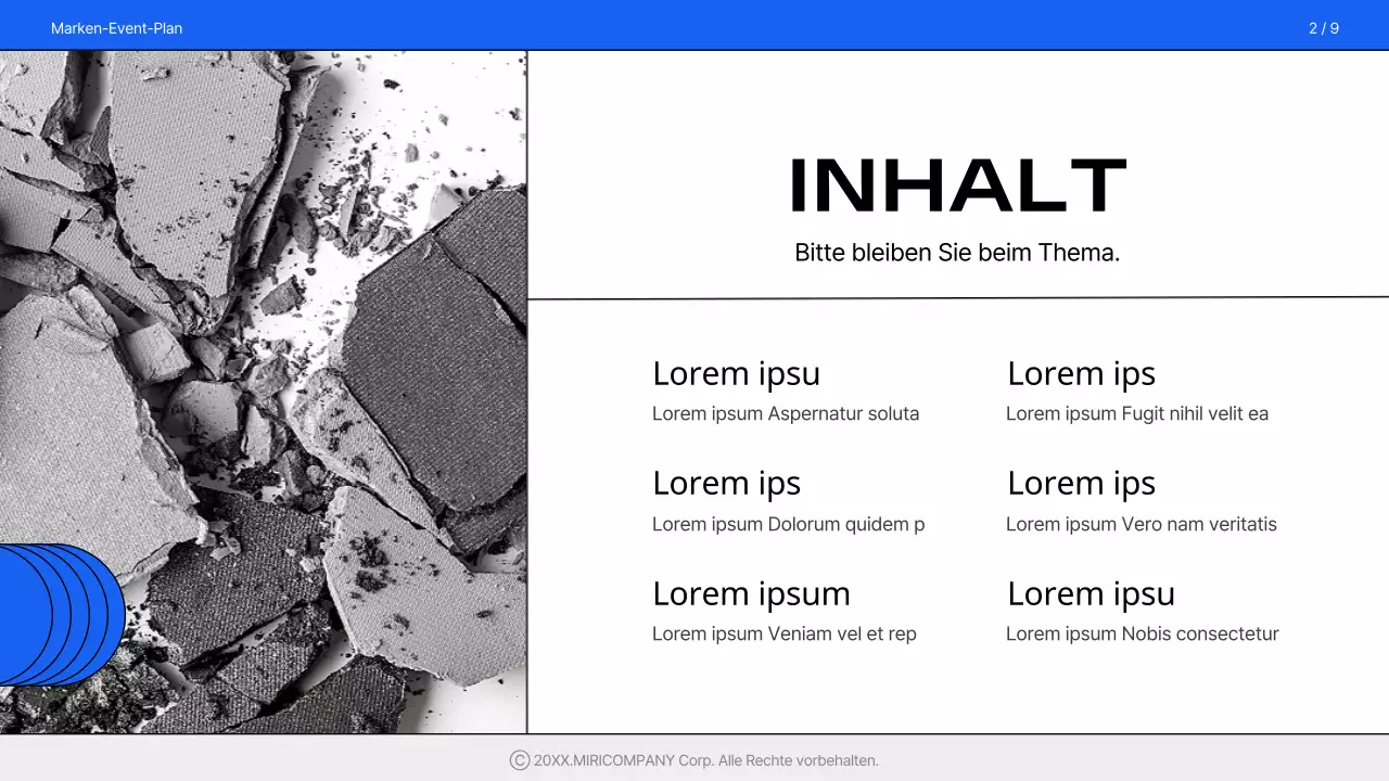 Ein einfacher, gebrandeter Veranstaltungsvorschlag in Blau und Weiß