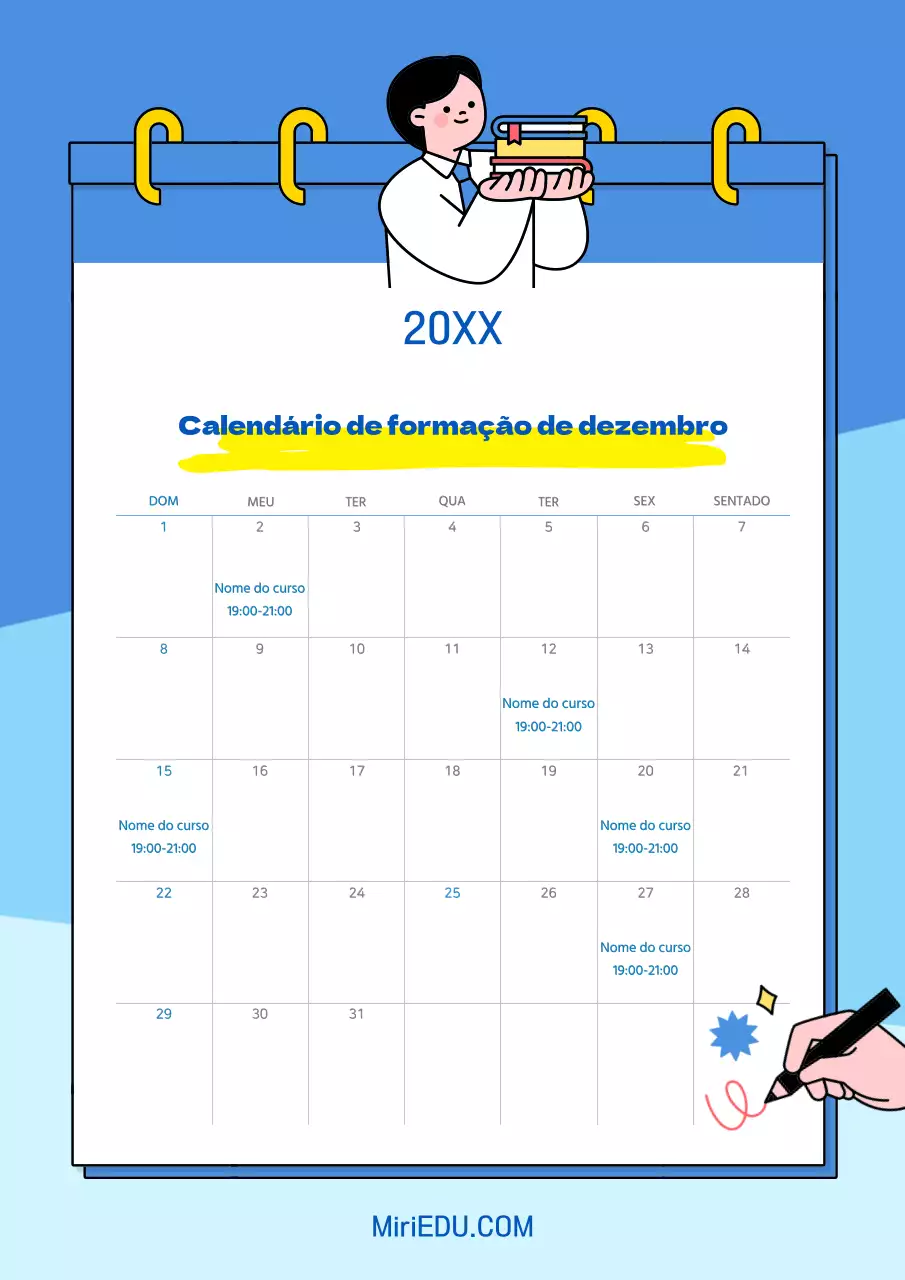 Um calendário simples em azul e azul claro com informações sobre o horário