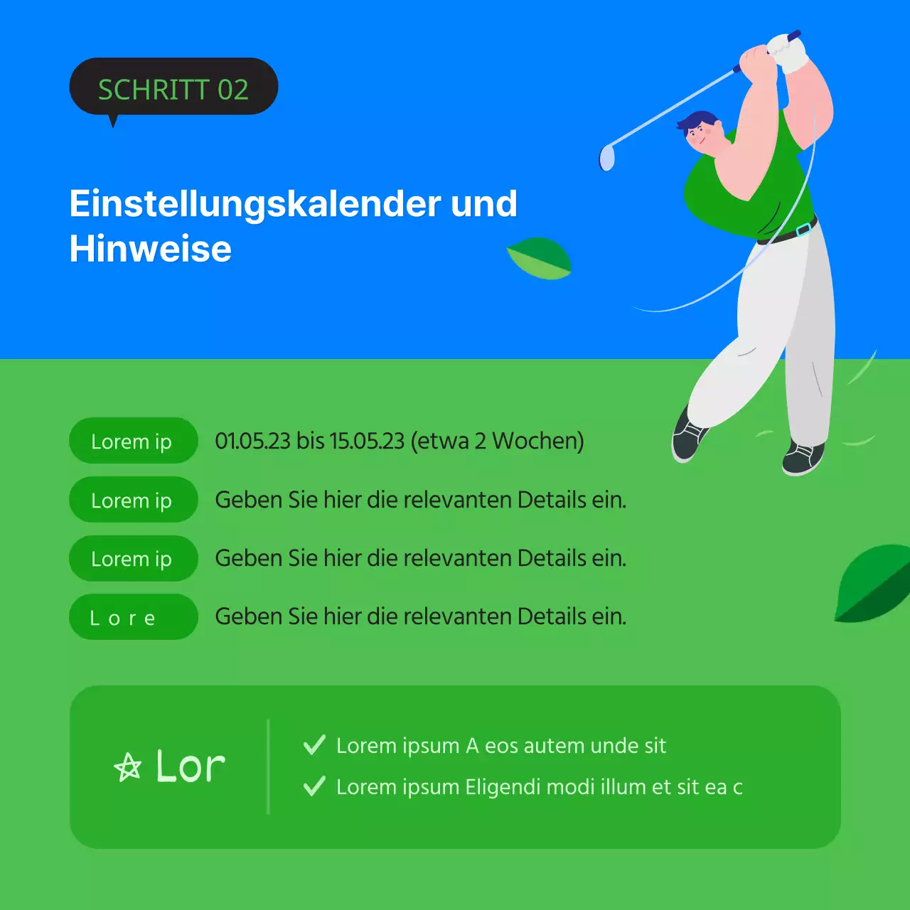 Minimalistische Golfschlägeranzeige in Grün und Blau