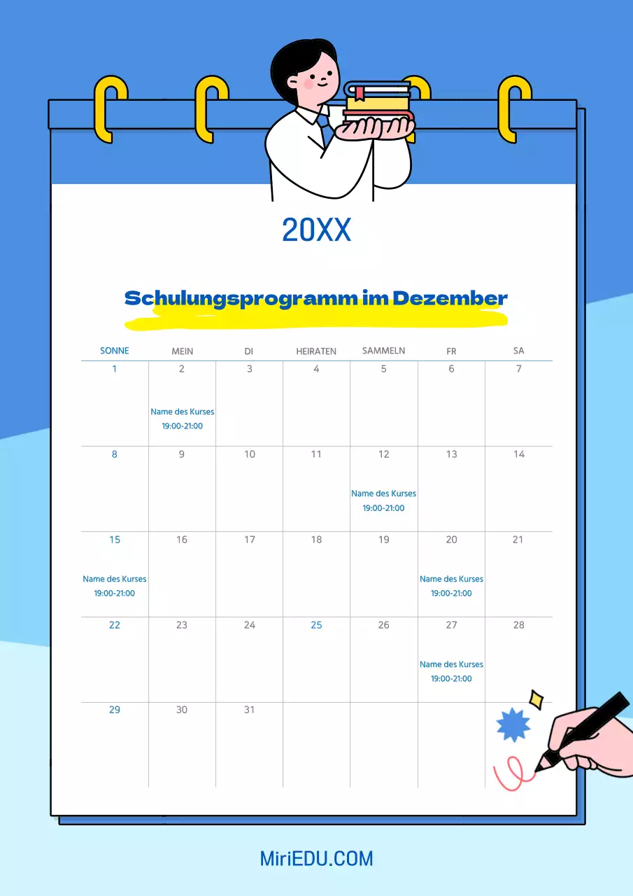 Ein einfacher Kalender in Blau und Hellblau mit Zeitplaninformationen