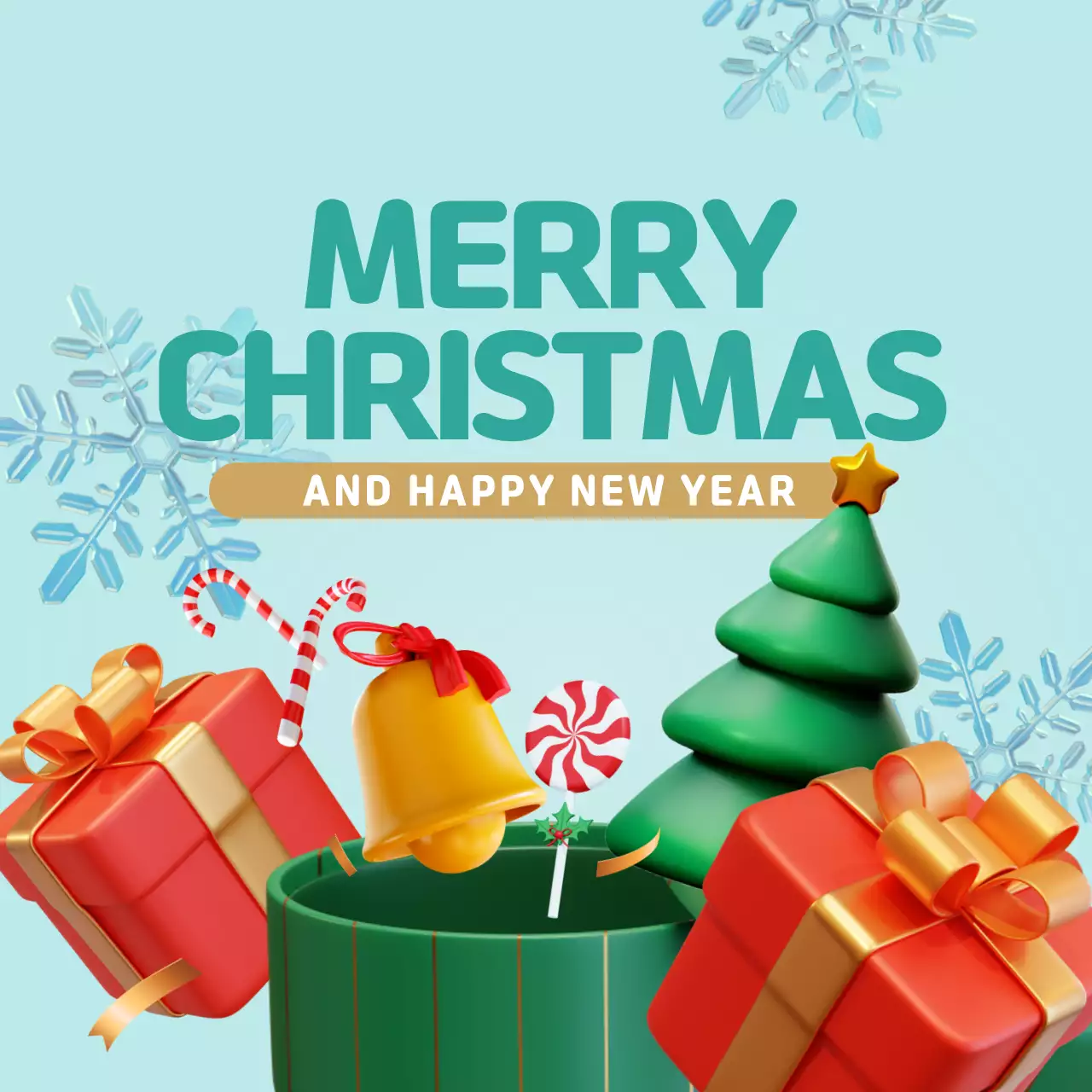 선물 상자에서 3D 크리스마스 요소가 날아다니는 인스타그램 게시물