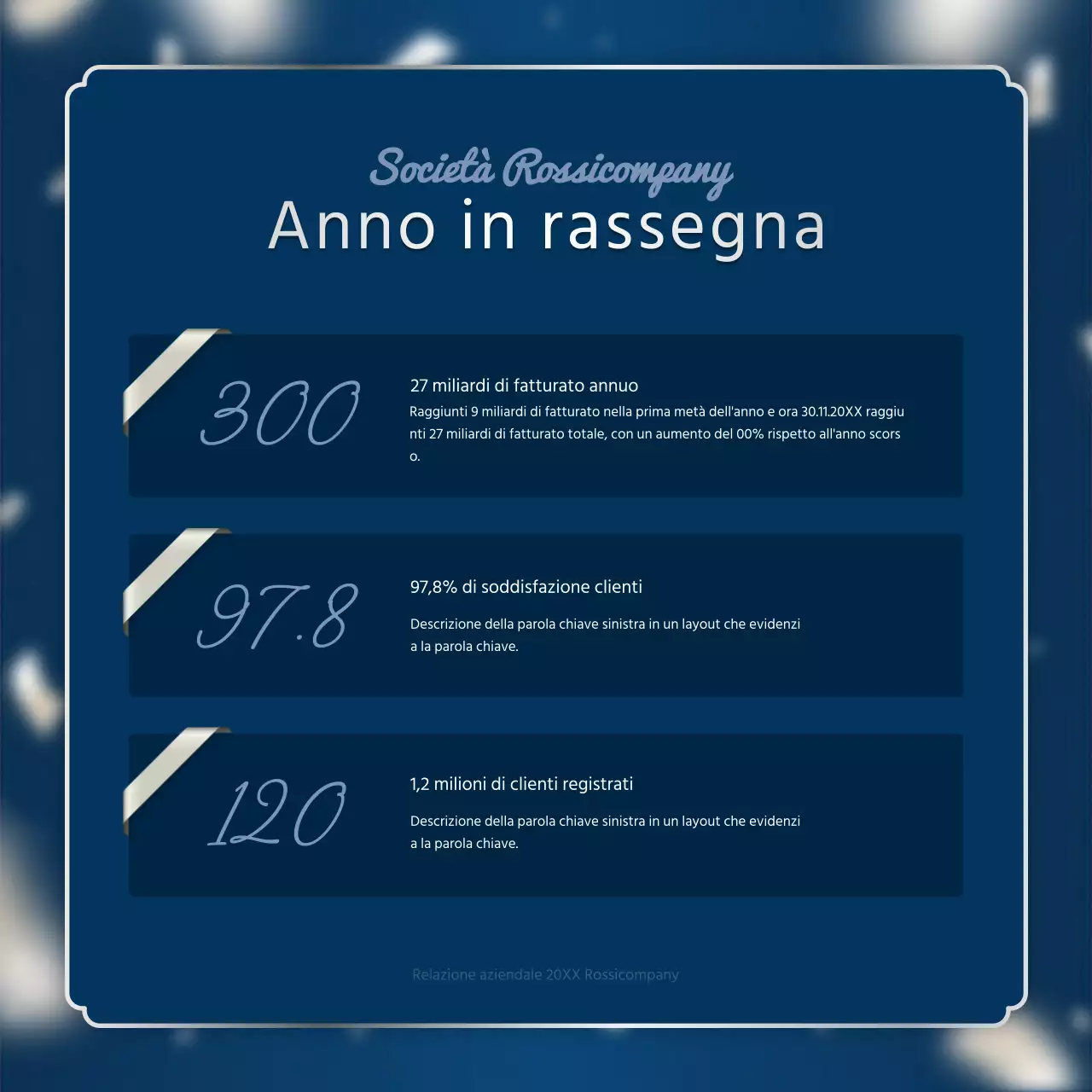 Una lussuosa cartolina di fine anno in blu marino e argento