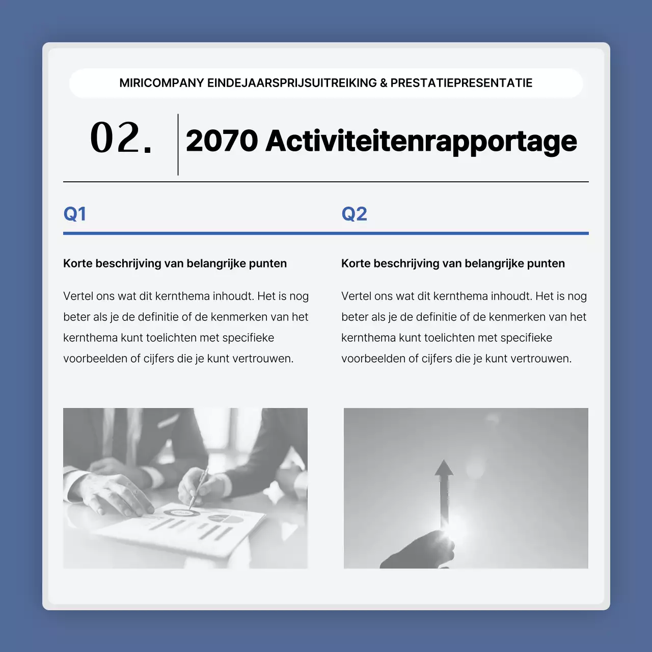 Een eenvoudige blauw-witte prestatiepresentatie en eindejaarsverslag