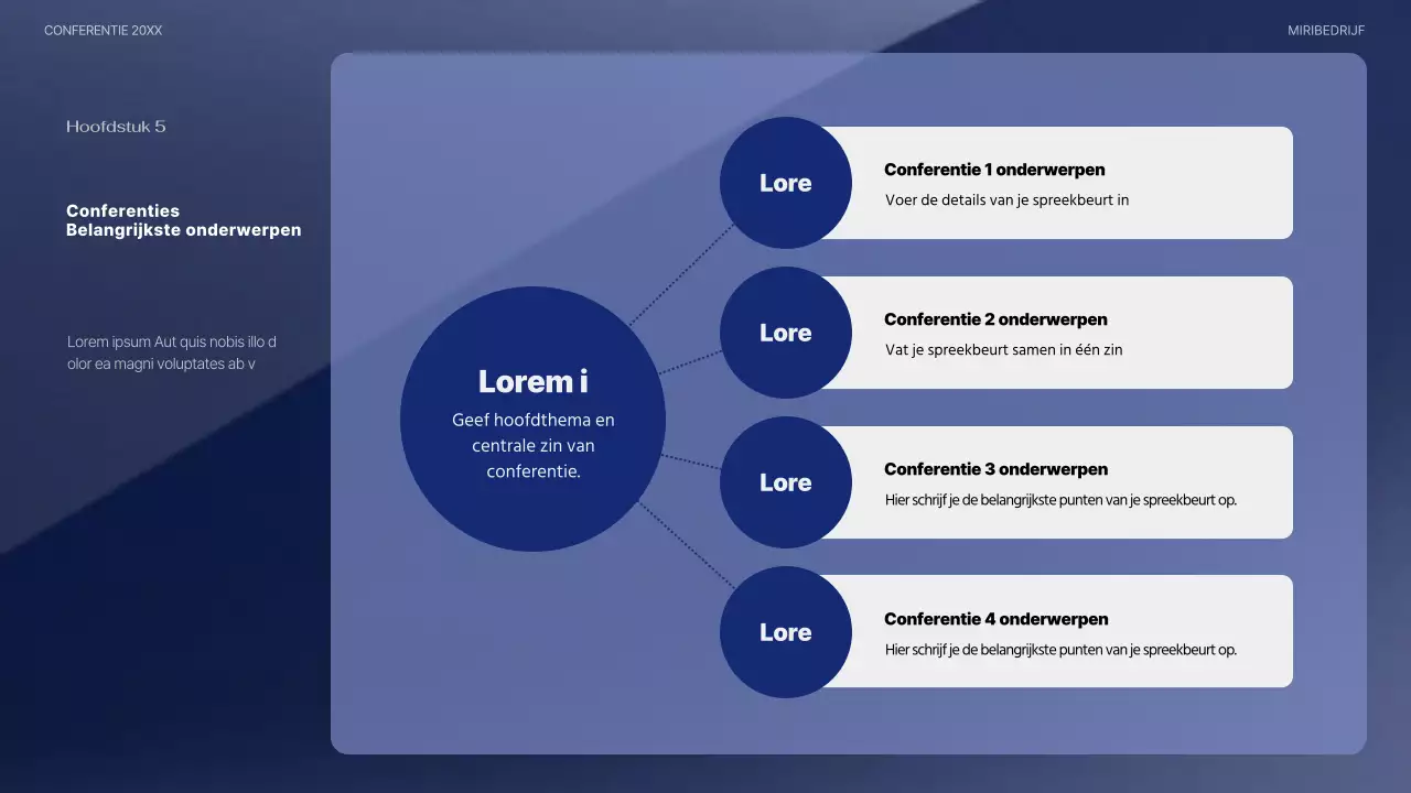 Een moderne conferentiepresentatie in marineblauw