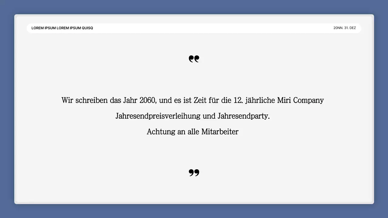 Eine einfache blau-weiße Leistungspräsentation und ein Veranstaltungsbericht zum Jahresende