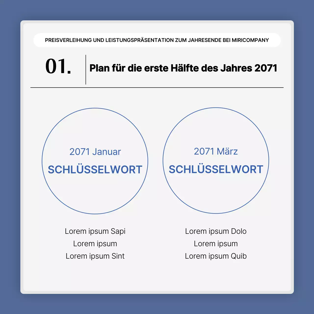 Eine einfache blau-weiße Leistungspräsentation und ein Veranstaltungsbericht zum Jahresende