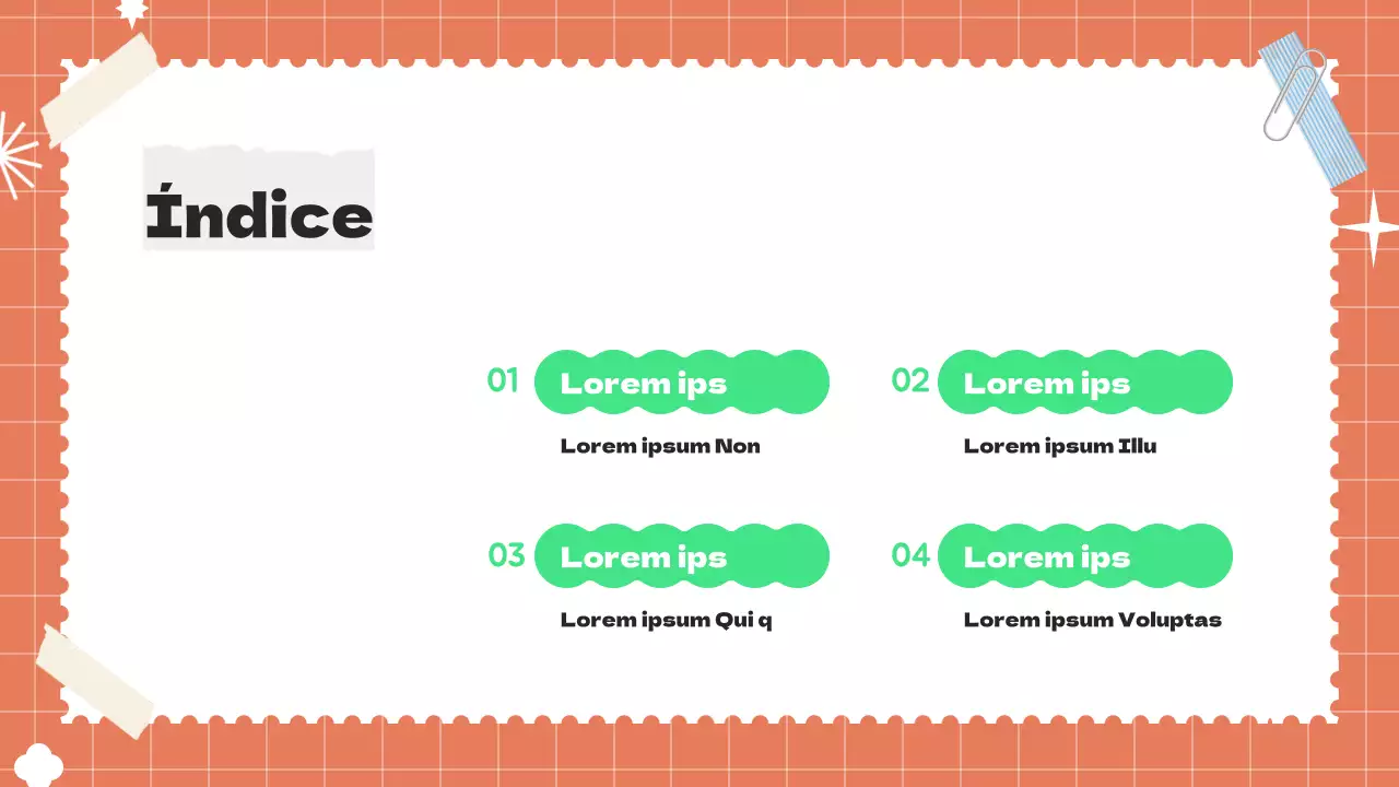 Presentación texturizada con toques de naranja y chartreuse