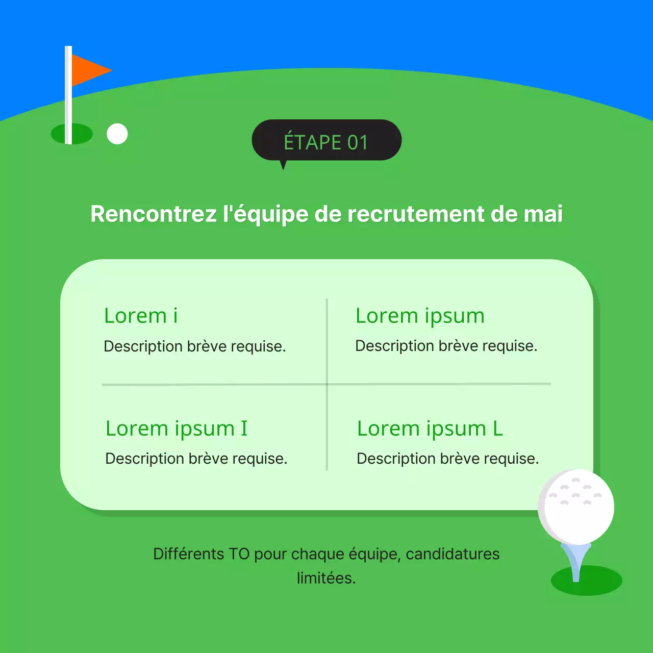 Publicité minimaliste pour un club de golf en vert et bleu