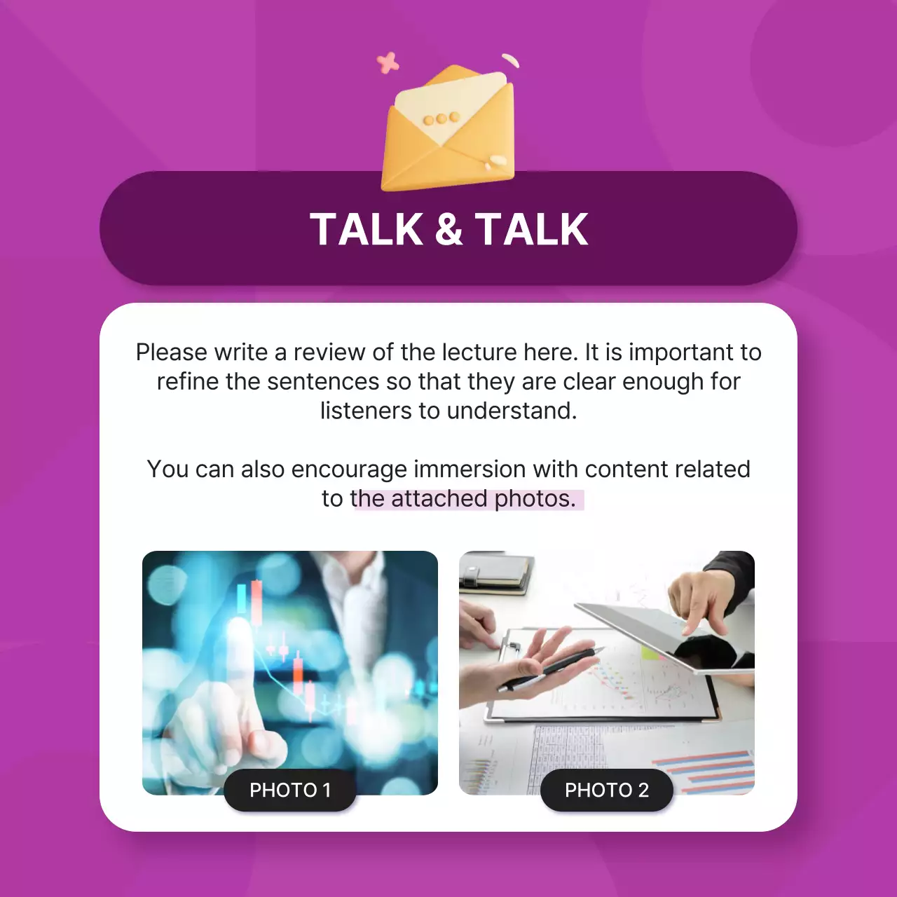 Promote a simple corporate personality interview in purple and pink