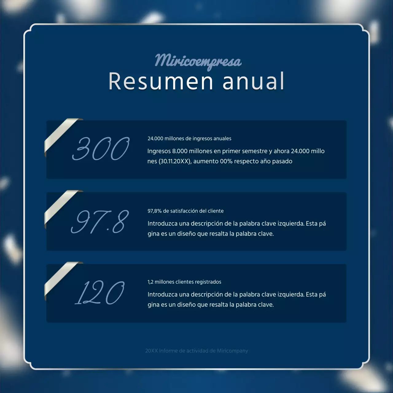 Un lujoso puesto para el informe de resultados de fin de año en azul marino y plata