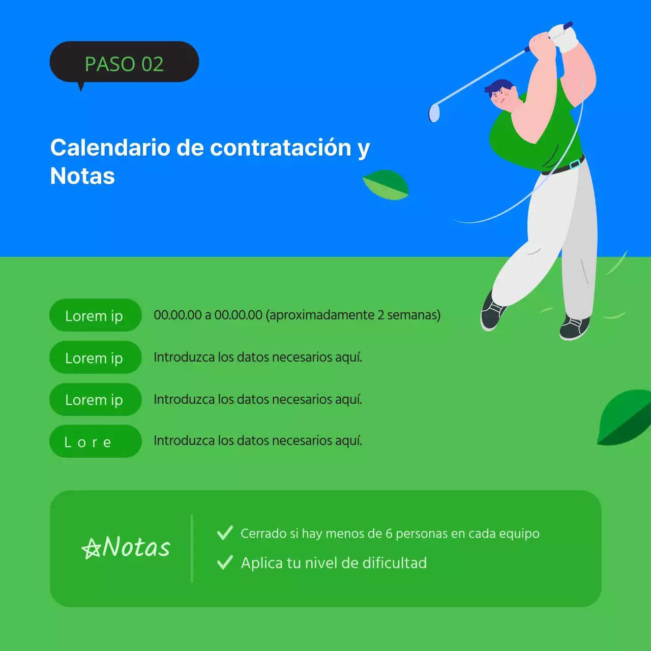 Anuncio minimalista de palos de golf en verde y azul
