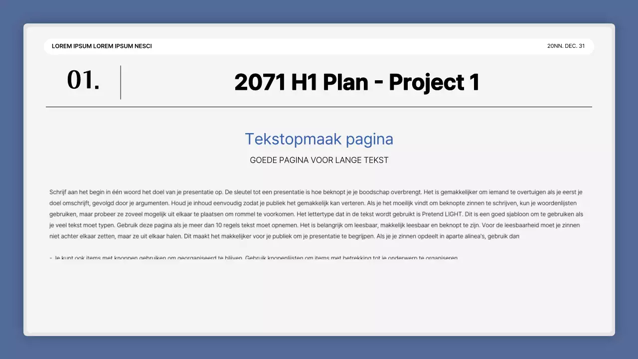 Een eenvoudige blauw-witte prestatiepresentatie en verslag van het eindejaarsevenement