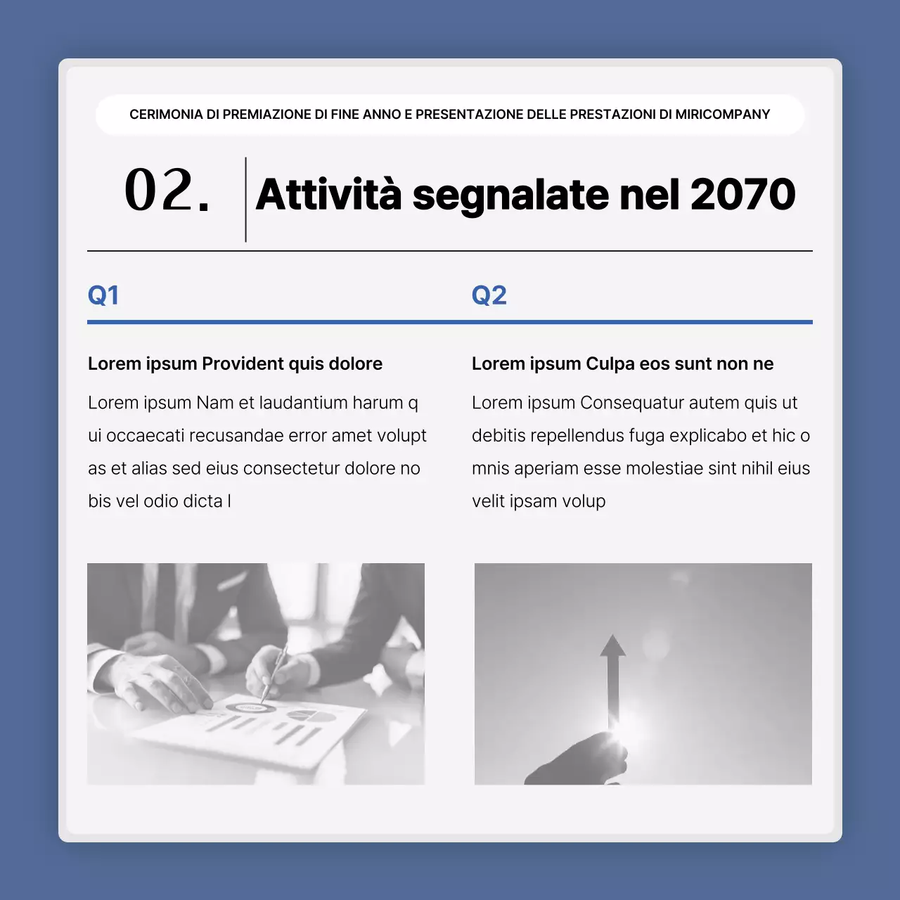 Una semplice presentazione delle prestazioni in bianco e blu e una relazione sull'evento di fine anno