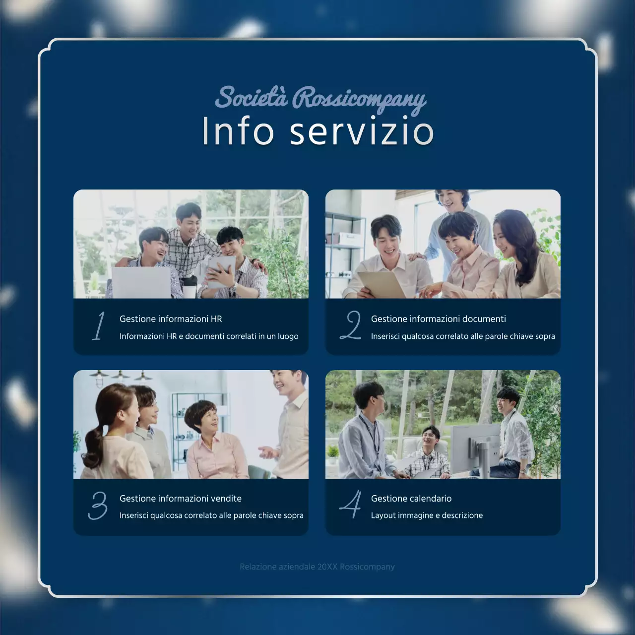 Una lussuosa cartolina di fine anno in blu marino e argento