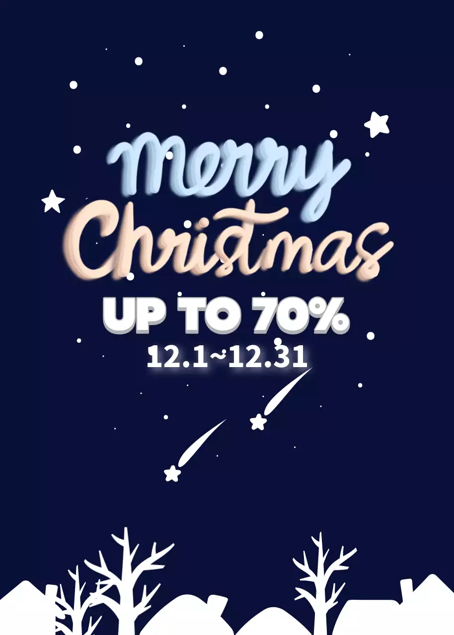 밤하늘 별과 눈 쌓인 마을을 배경으로 한 크리스마스 할인 이벤트 홍보