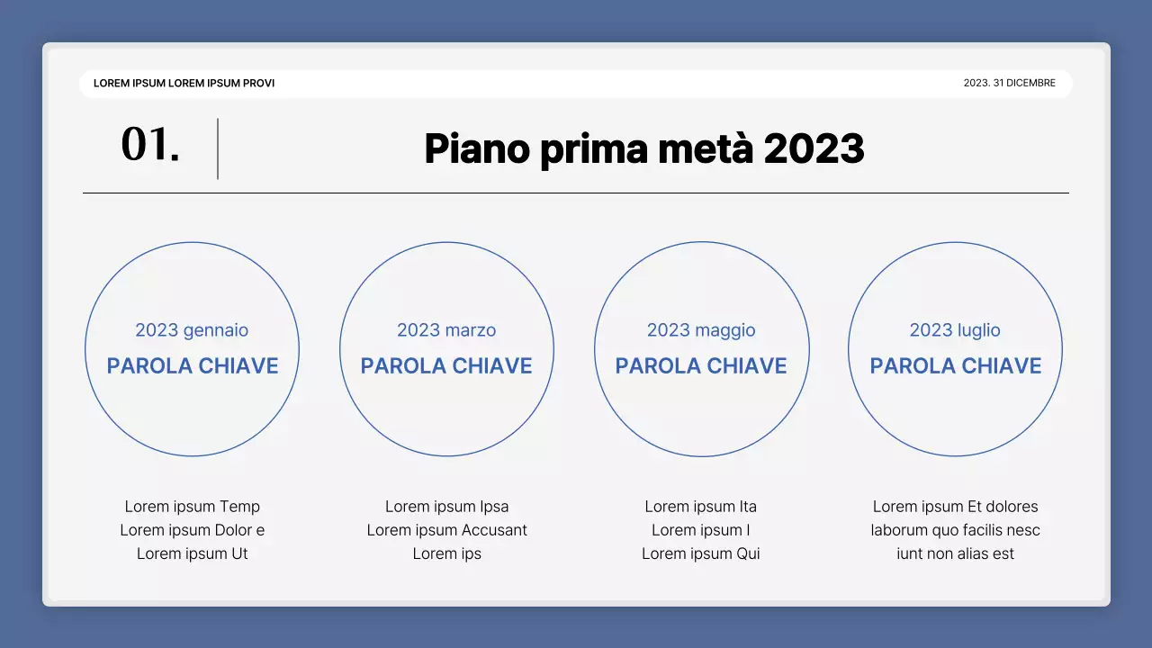 Una semplice presentazione della performance in bianco e blu e una relazione sull'evento di fine anno.