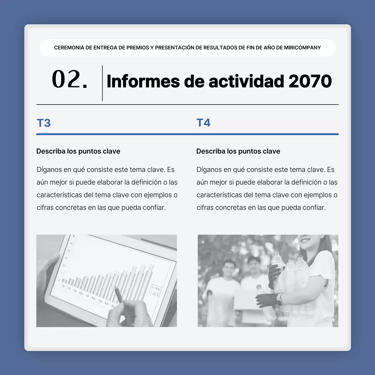 Una sencilla presentación en blanco y azul de los resultados y un informe de fin de año.