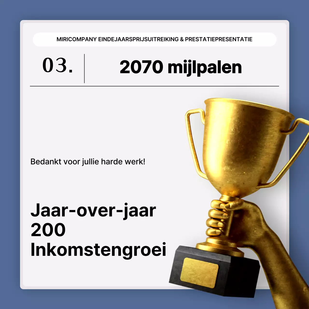 Een eenvoudige blauw-witte prestatiepresentatie en eindejaarsverslag