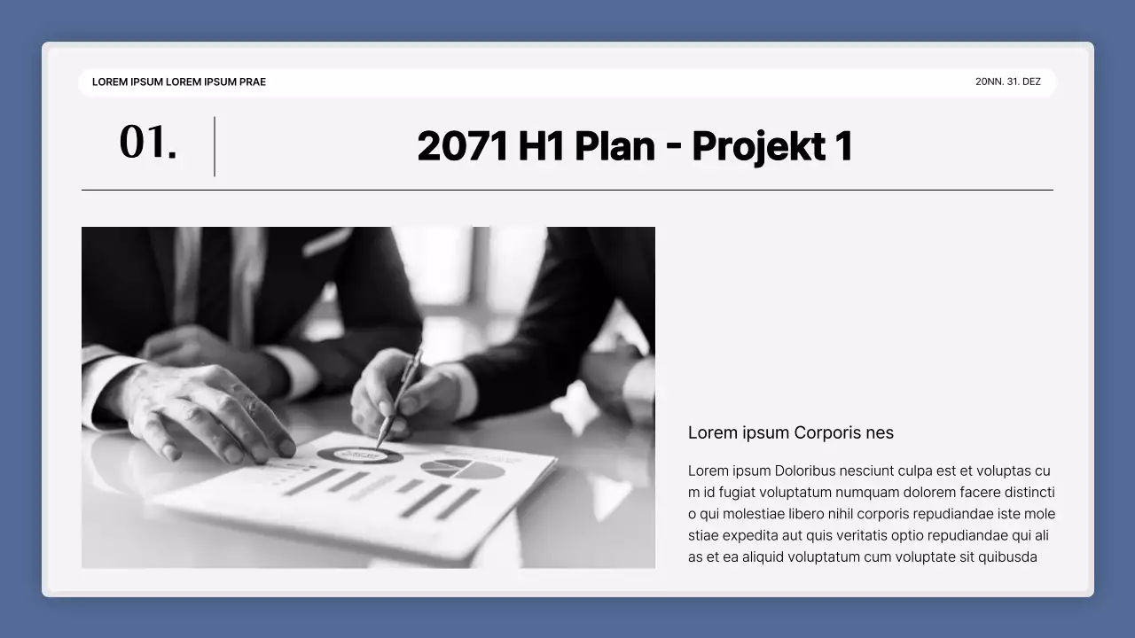 Eine einfache blau-weiße Leistungspräsentation und ein Veranstaltungsbericht zum Jahresende