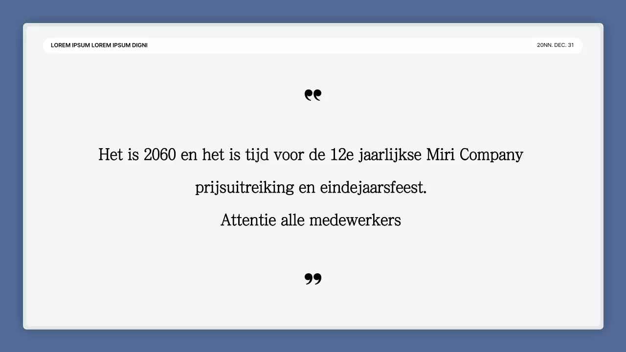 Een eenvoudige blauw-witte prestatiepresentatie en verslag van het eindejaarsevenement